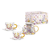 Ashdene Pressed Flowers Collection Glass Tea Pot & Twin Cup and Saucer Set