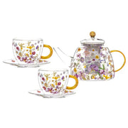 Ashdene Pressed Flowers Collection Glass Tea Pot & Twin Cup and Saucer Set